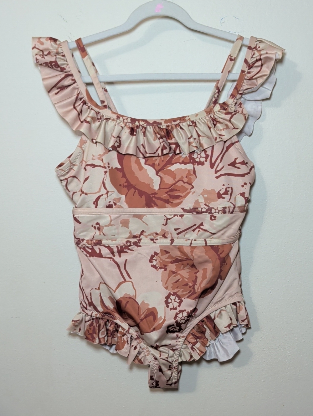 Mia Joy by Joyfolie One-Piece Swimsuit Tan + Brown Floral Ruffles Girls Size 14